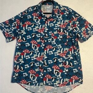 Mushroom Print Button Down Shirt Men's 2XL | Novelty Graphic Short Sleeve Blue